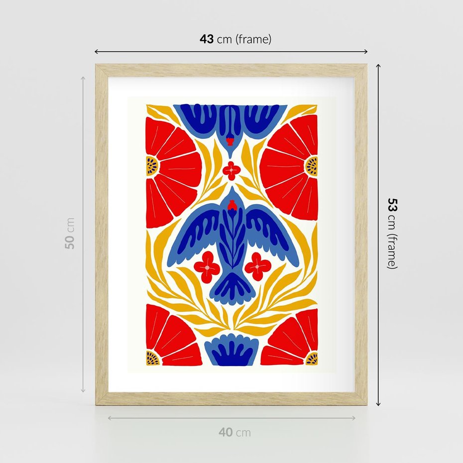 Plakat w ramie 40x50 - Eklektyczny Majestat - wyrazista grafika, mocne kolory czerwień niebieski żółty - rama drewno