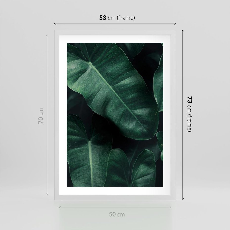 Plakat w ramie 50x70 - Liście Bananowca - minimalizm, zielone liście bananowca - rama biała