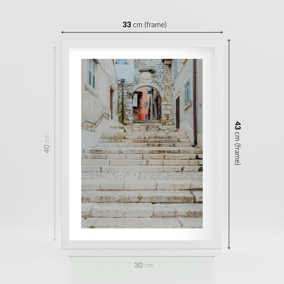 Plakat w ramie 30x40 - Schody we Włoskim Miasteczku - schody, śródziemnomorskie miasteczko - rama biała