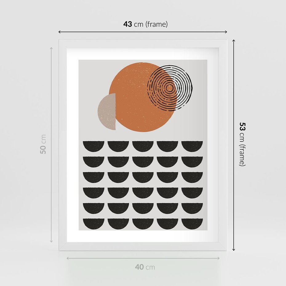 Plakat w ramie 40x50 - Geometryczna Ekspresja - geometryczny graficzny obraz, pomarańczowe koło - rama biała