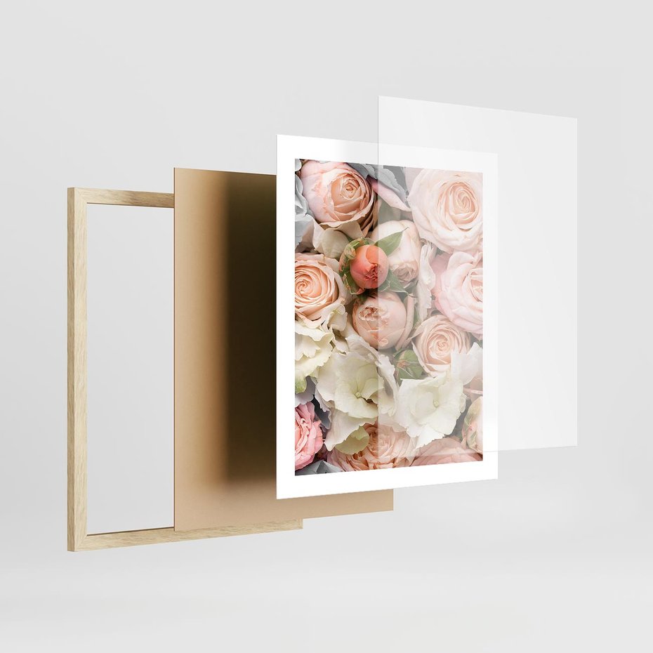 Plakat w ramie 40x50 - Kwiatowy Rarytas: Róże w Herbacianym Zbliżeniu - kwiaty, herbaciane - rama drewno