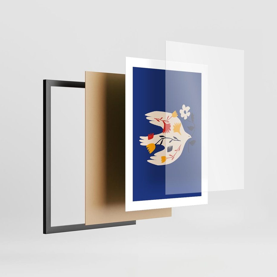 Plakat w ramie 30x40 - Bezczasowy Szept - niebieskie tło, abstrakcyjny biały ptak - rama czarna