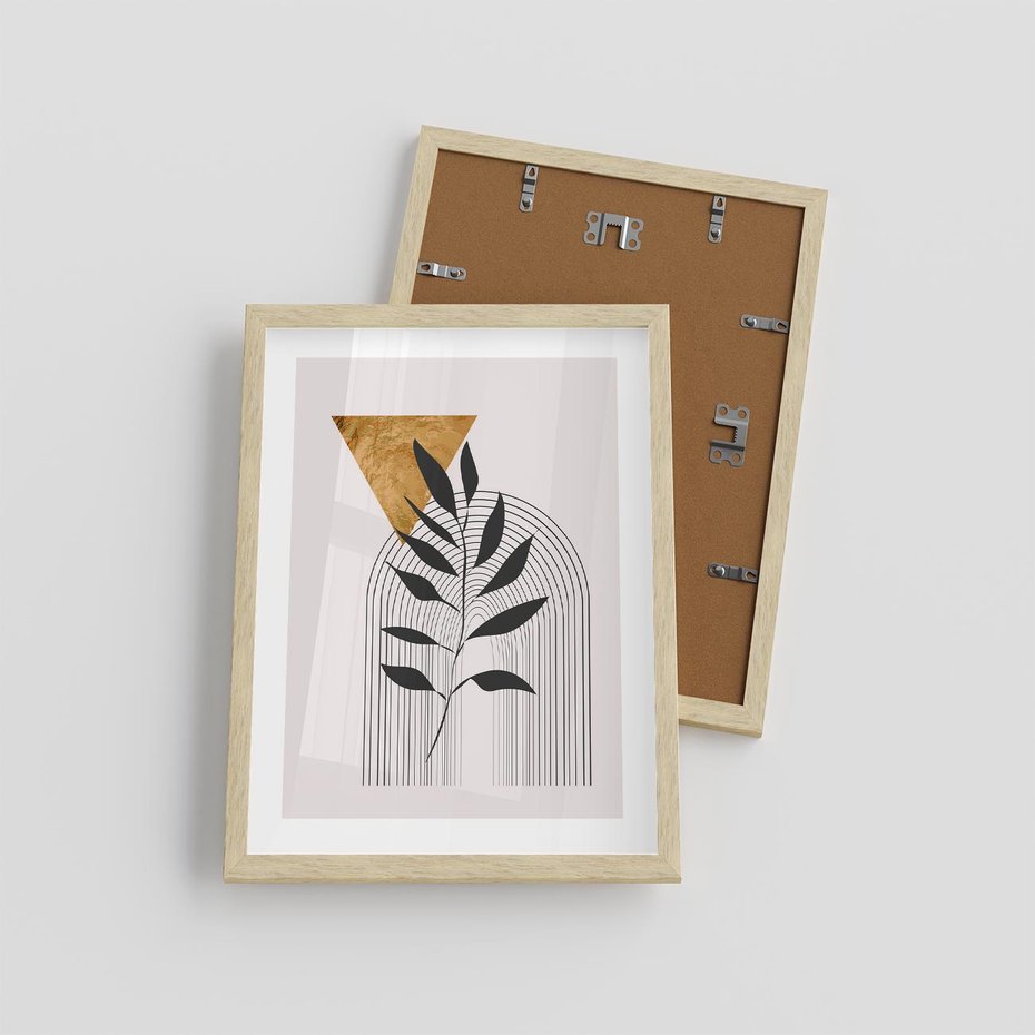 Plakat w ramie 30x40 - Geometria z Elementami Złota i Liści - grafika, złoto - rama drewno