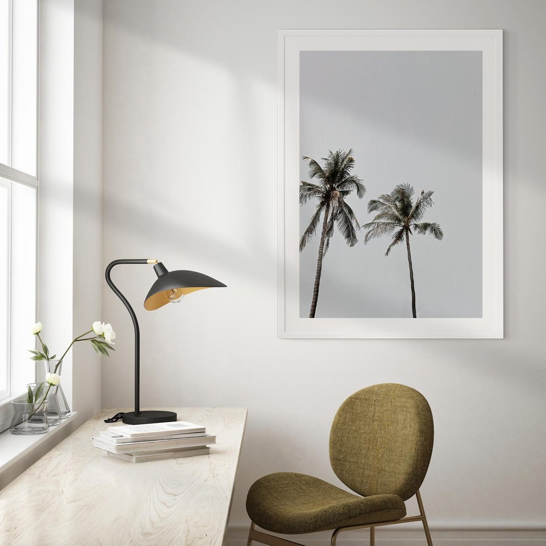 Plakat w ramie 50x70 - Tropikalny Raj: Palmy i Niebo - palmy, niebo - rama biała