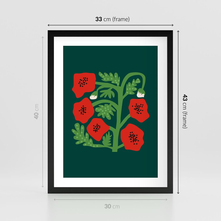 Plakat w ramie 30x40 - Księga Odbić - abstrakcyjna kwiatowa kompozycja, zielone  mocne tło - rama czarna