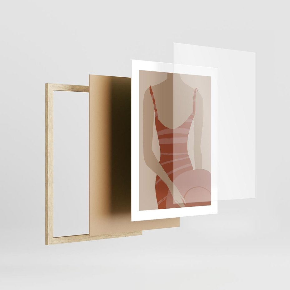 Plakat w ramie 30x40 - Kobiece Retro - minimalistyczny boho plakat, retro kobieta w stroju kąpielowym - rama drewno