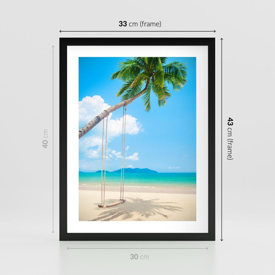 Plakat w ramie 30x40 - Hawajska palma i huśtawka na plaży - palma, huśtawka - rama czarna