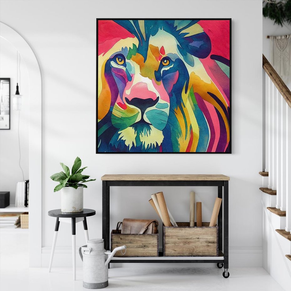 Obraz w ramie 50x50 - Tęczowy Lew - akwarela, tęczowy lew - rama czarna