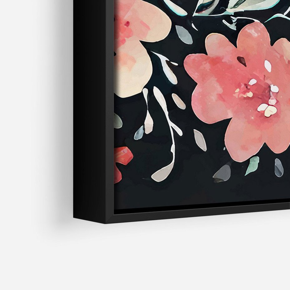 Obraz w ramie 70x100 - Labirynty melancholii - akwarelowe, pastelowe kwiaty na czarnym tle - rama czarna