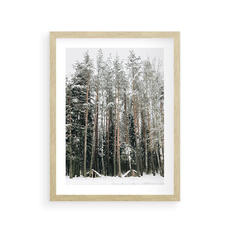 Plakat w ramie 30x40 - Sypiący Śnieg - las w zimie, drzewa pod śniegiem - rama drewno