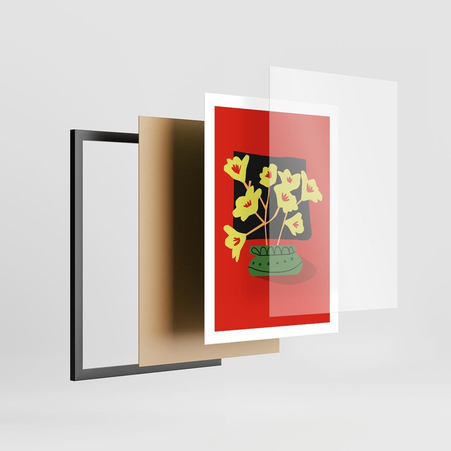 Plakat w ramie 50x70 - Abstrakcyjne Przenikanie - abstrakcyjne kwiaty, czerwone tło - rama czarna