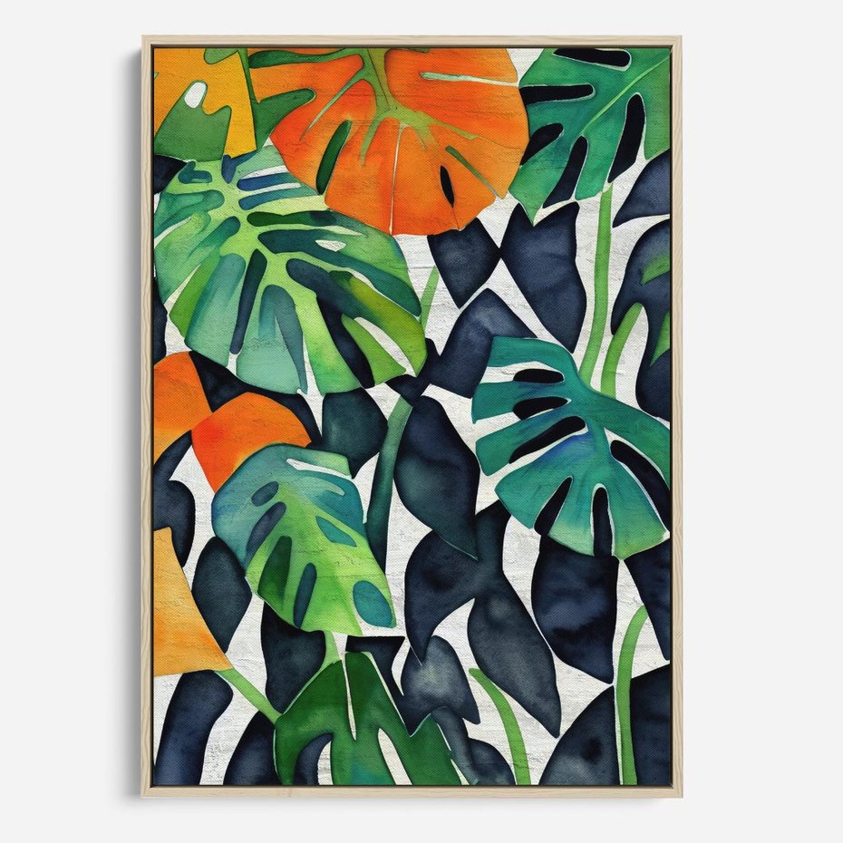 Obraz w ramie 80x120 - Tropikalne Pragnienia - akwarela, liście tropikalne - rama drewno