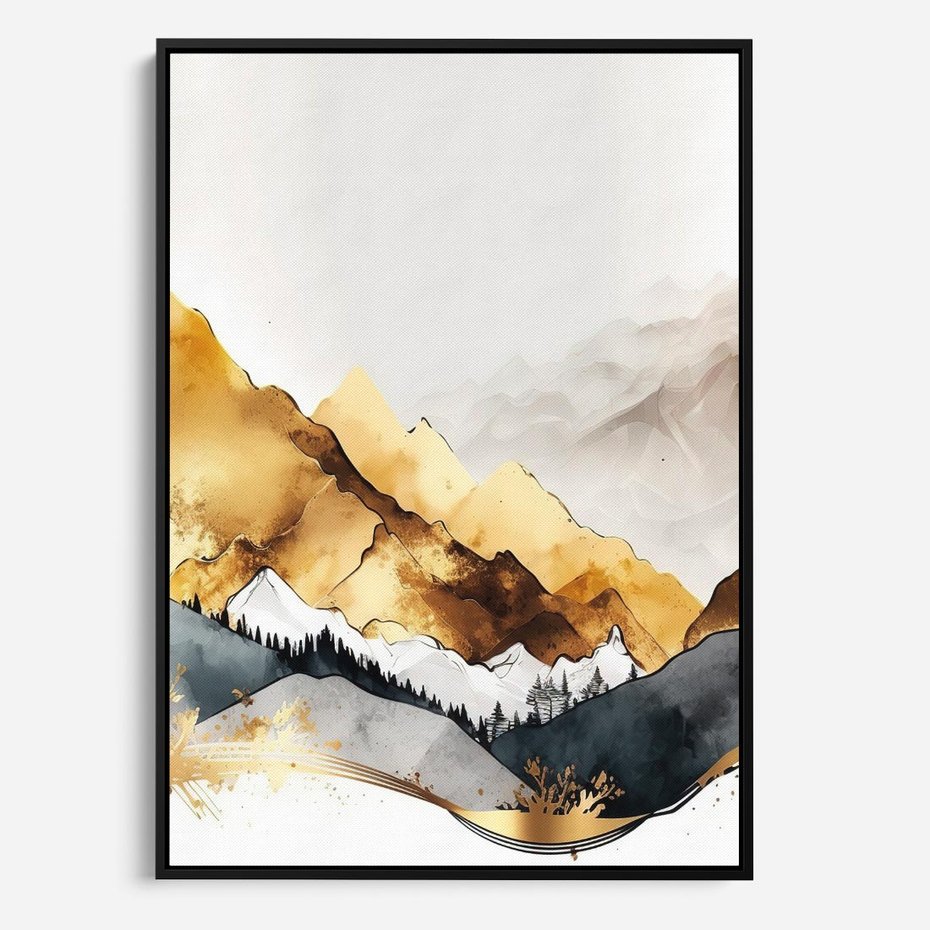 Obraz w ramie 50x70 - Złote Góry - akwarela, graficzne góry - rama czarna