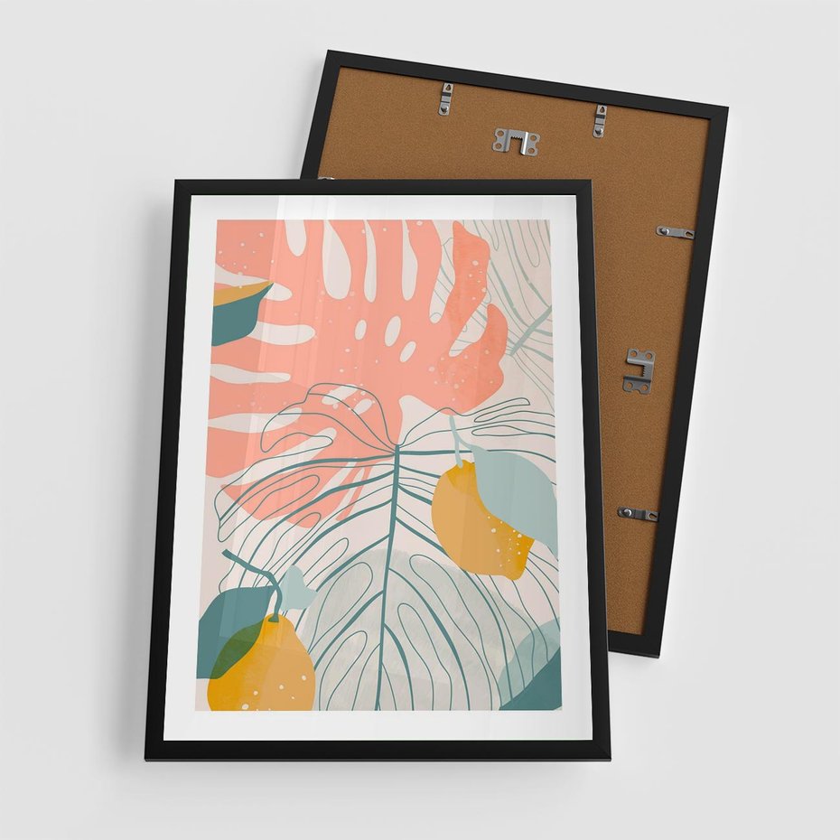 Plakat w ramie 50x70 - Sztuka Natury: Liście Monstery w Pastelach - nowoczesna grafika, pastelowe liście monstery - rama czarna