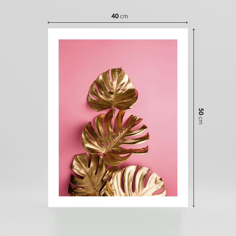 Plakat bez ramy 40x50 - Złote Liście Monstery: Delikatność na Różowym Tle - złote liście monstery, różowe tło