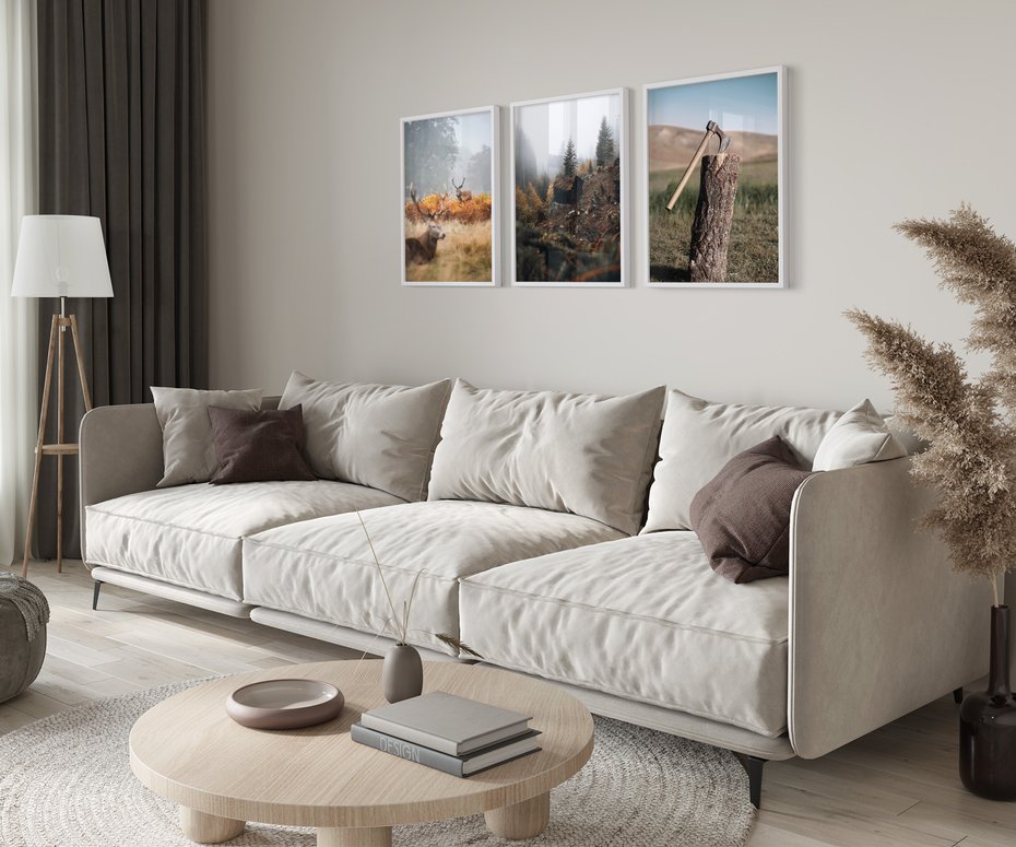 Zestaw obrazy w ramie 50x70 galeria - Góry, jelenie, skandynawski, las - rama biała