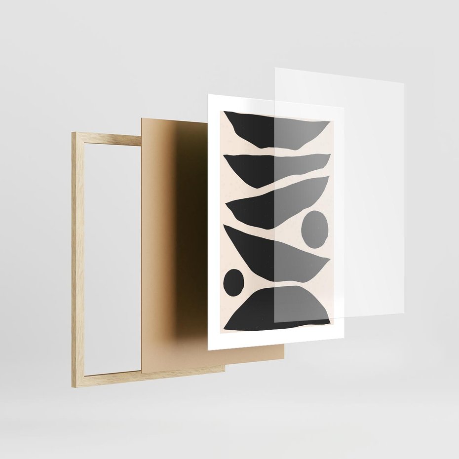 Plakat w ramie 30x40 - Modernistyczna Abstrakcja w Czerni i Bieli - abstrakcja, czarno biała grafika - rama drewno