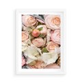 Plakat w ramie 50x70 - Kwiatowy Rarytas: Róże w Herbacianym Zbliżeniu - kwiaty, herbaciane - rama biała