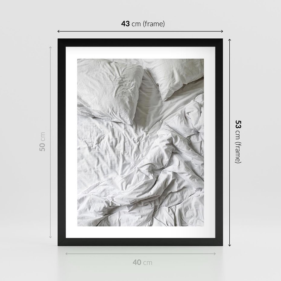 Plakat w ramie 40x50 - Biała Pościel na Łóżku - biała pościel, łóżko - rama czarna