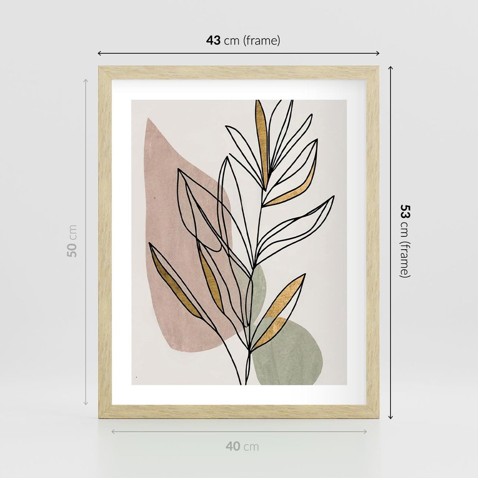 Plakat w ramie 40x50 - Impulsy Subtelnej Harmonii - abstrakcyjny obraz boho, liście - rama drewno