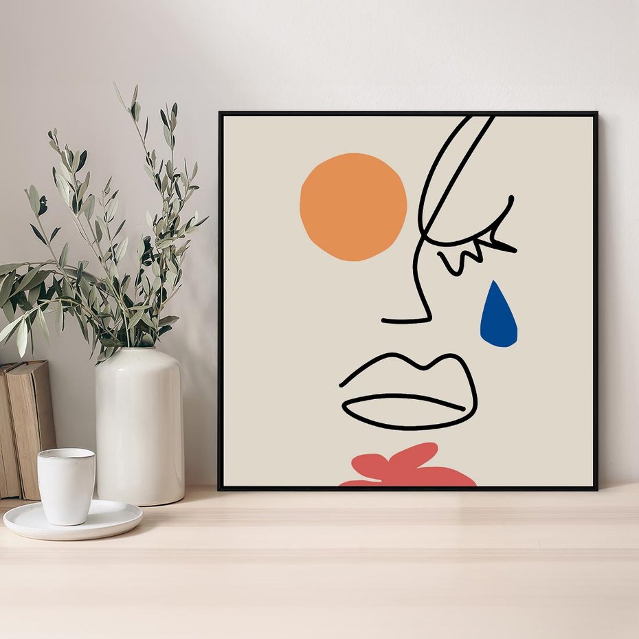 Obraz w ramie 50x50 - Impresje Plam - abstrakcyjny obraz, przypomina twarz - rama czarna