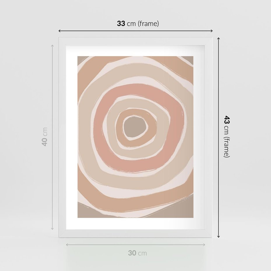 Plakat w ramie 30x40 - Roztopione Granice - abstakcyjne koła, delikatne odcienie beżu - rama biała