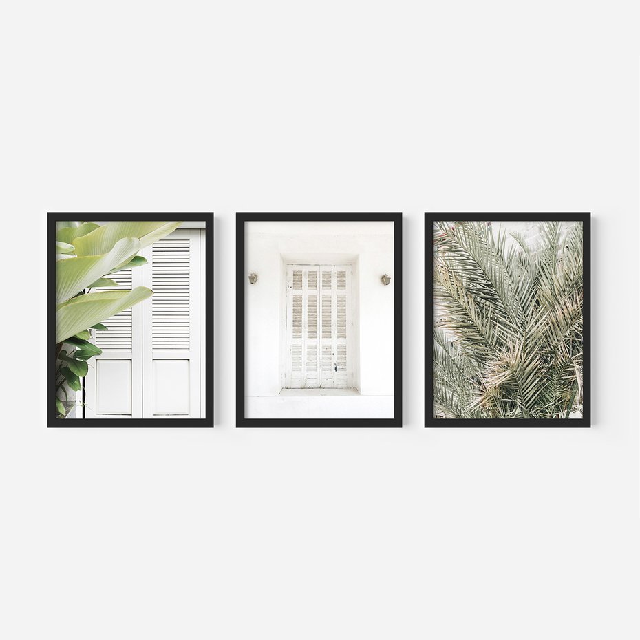 Zestaw obrazy w ramie 30x40 galeria - Okiennica, liście, biały - rama czarna