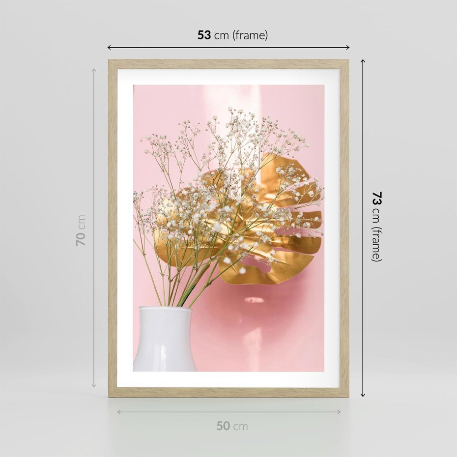 Plakat w ramie 50x70 - Blask Natury - złote, liście - rama drewno