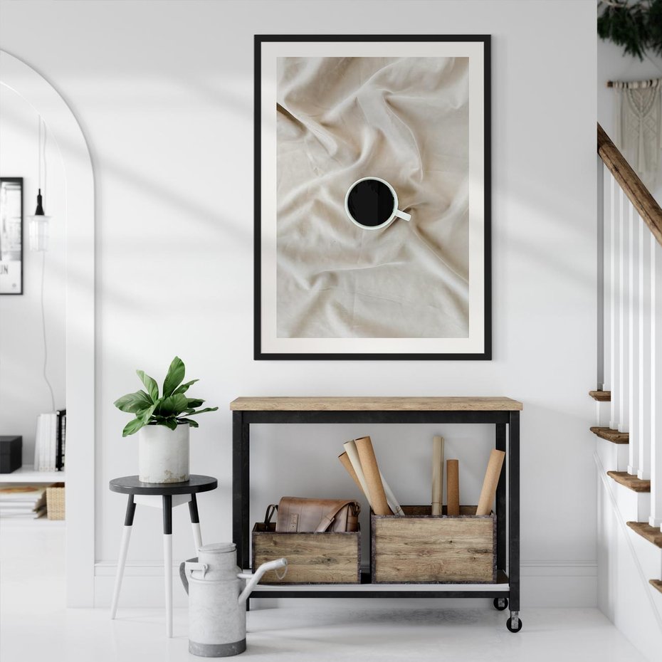 Plakat bez ramy 21x30 - Poranek z Kawą - kawa filiżanka w białej pościeli