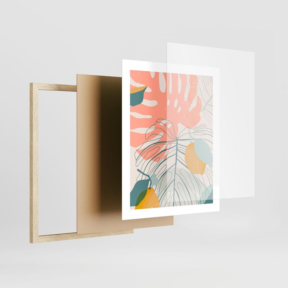 Plakat w ramie 40x50 - Sztuka Natury: Liście Monstery w Pastelach - nowoczesna grafika, pastelowe liście monstery - rama drewno