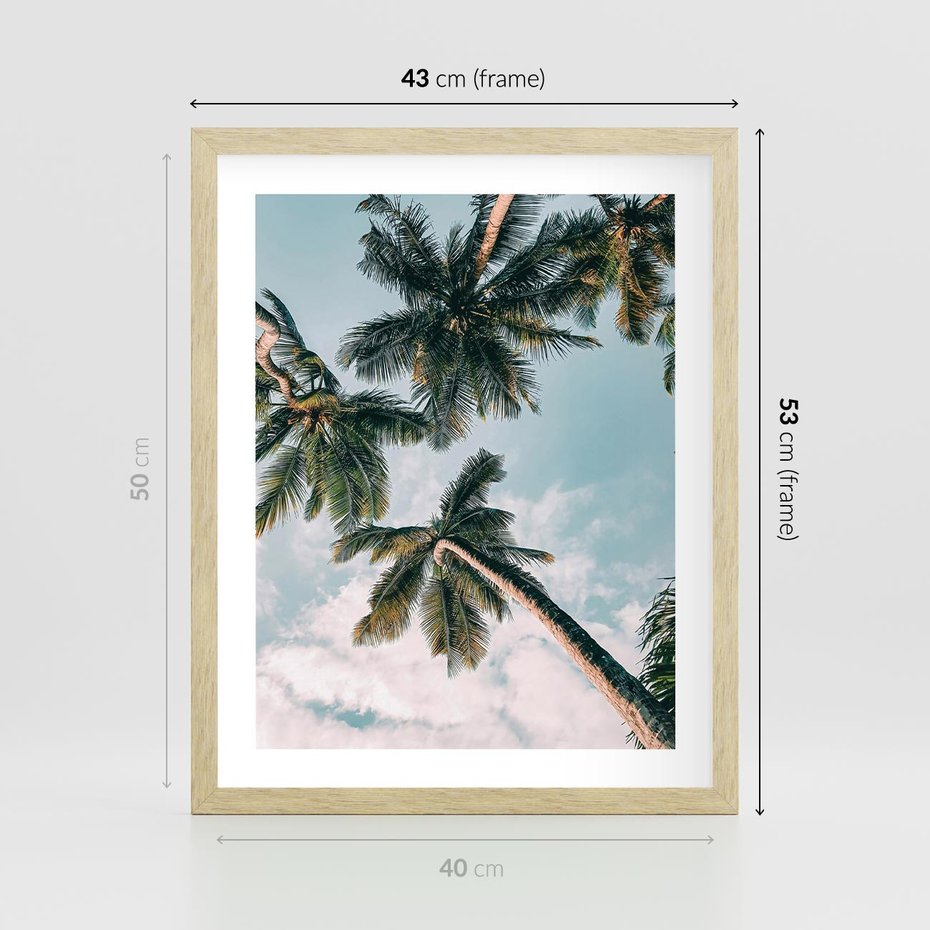 Plakat w ramie 40x50 - Wzrok ku Niebu - palmy na tle nieba, ujęcie z dołu - rama drewno