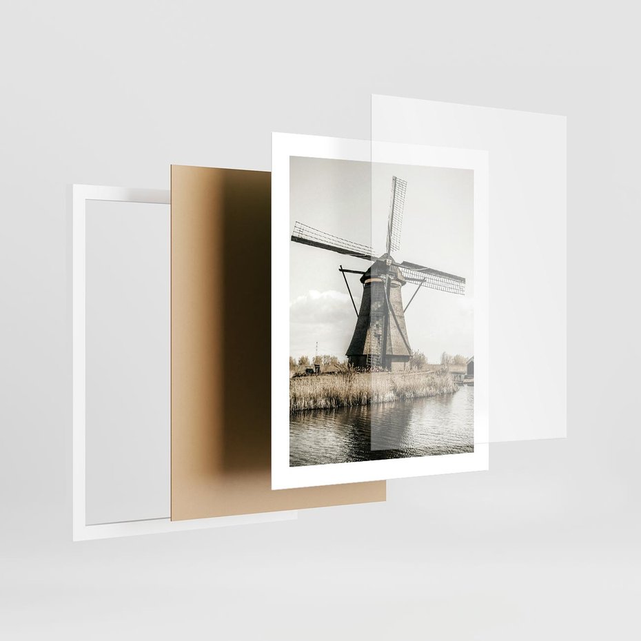 Plakat w ramie 40x50 - Holenderski Wiatrak w Sepii - holenderski wiatrak, młyn - rama biała
