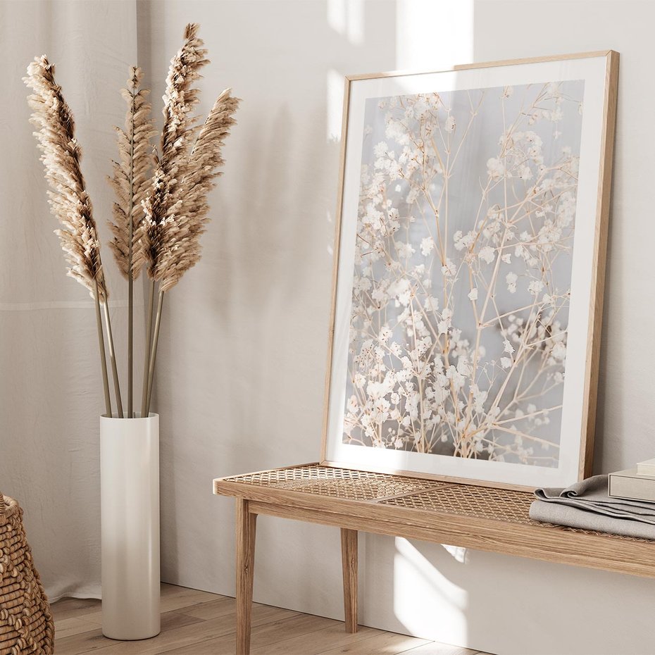 Plakat w ramie 30x40 - Białe Drobne Kwiaty - gipsówka, białe drobne kwiatki - rama drewno
