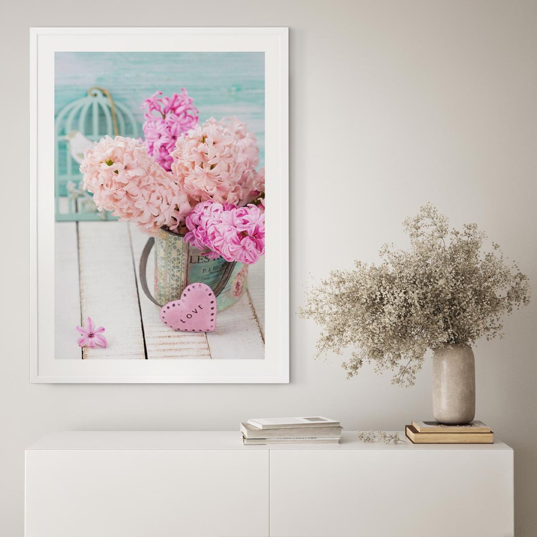 Plakat w ramie 30x40 - Kwiatowa harmonia hiacyntów - kwiaty, hiacynty - rama biała