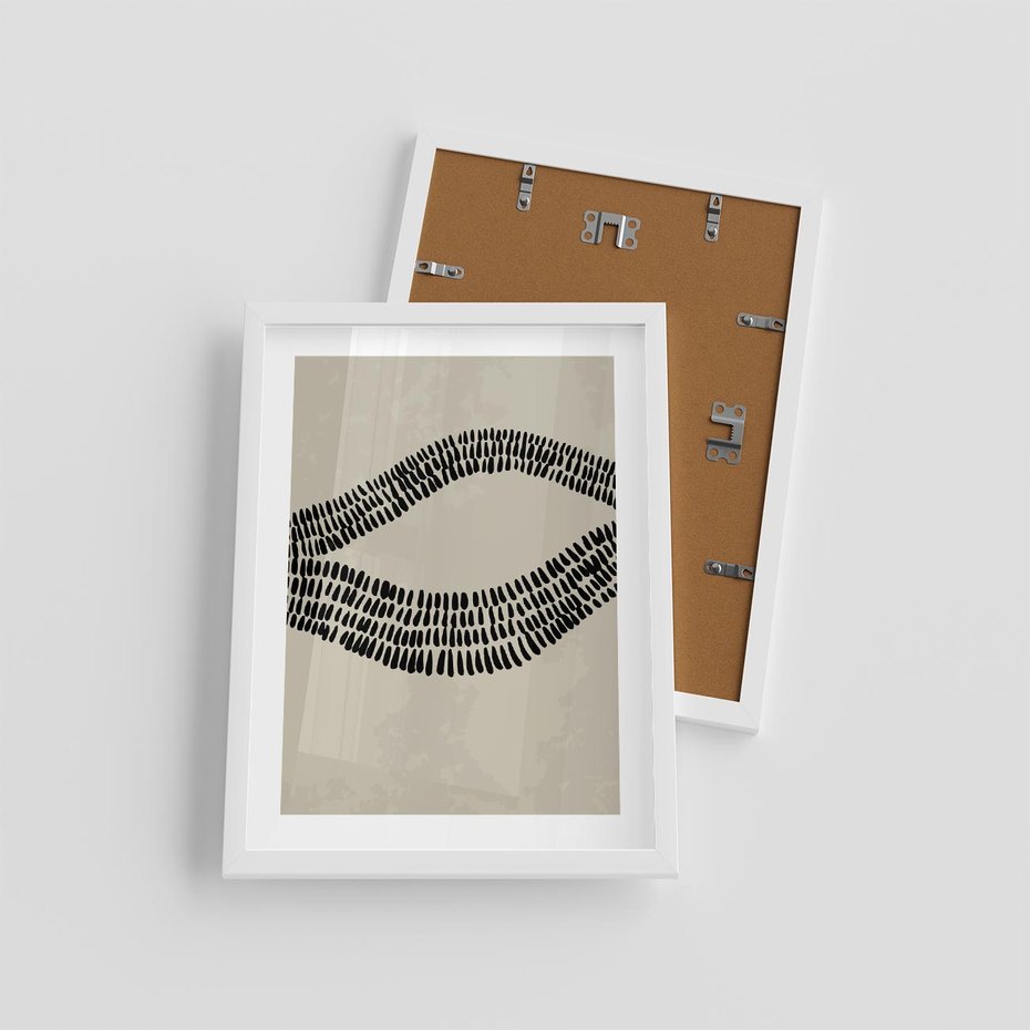 Plakat w ramie 30x40 - Kontury Ewolucji Materii - boho plakat, czarne kropki kreski - rama biała