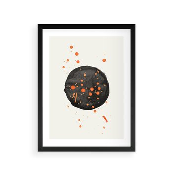 Plakat w ramie 30x40 - Impulsy Kreatywności - abstrakcyjna czarna plama, rozsiane pomarańczowe kropki - rama czarna
