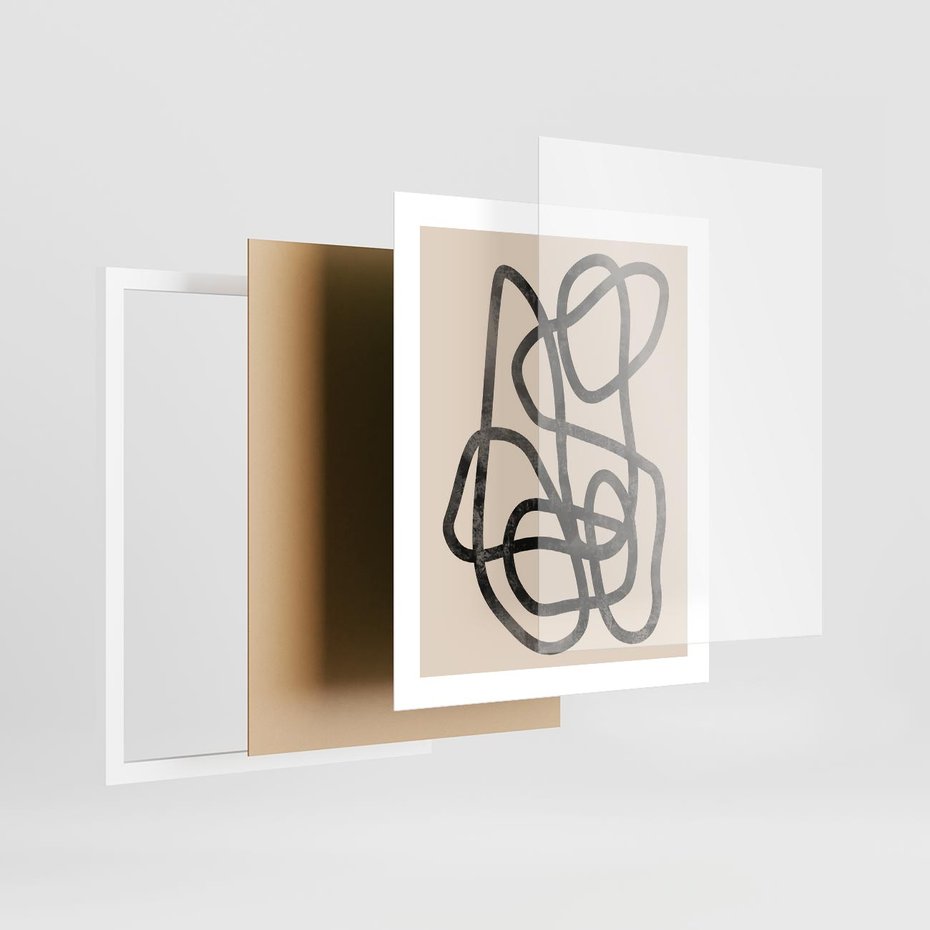 Plakat w ramie 40x50 - Przenikanie Wirtualnych Wymiarów - zaplątane minimalistyczne linie, na bezowym tle - rama biała