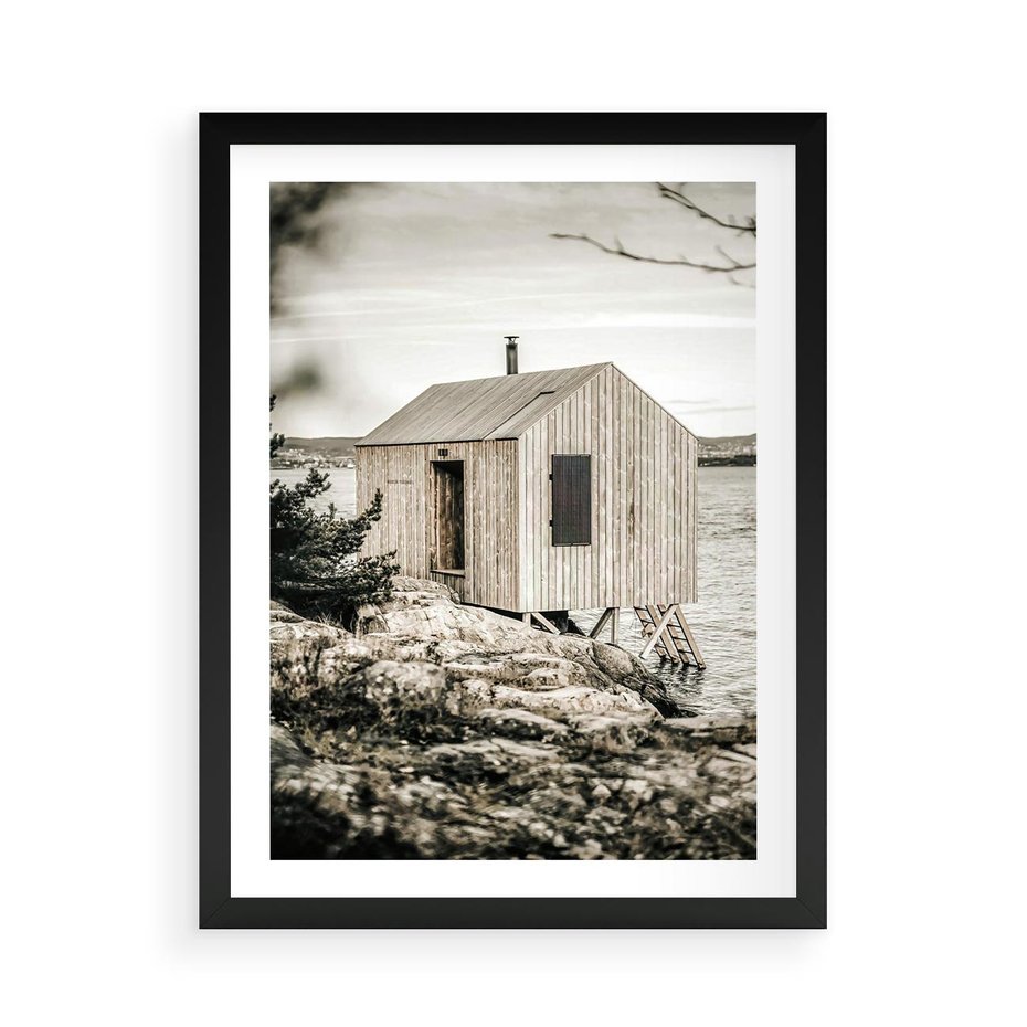 Plakat w ramie 50x70 - Nostalgiczna Oaza - rustykalny domek, domek nad jeziorem - rama czarna