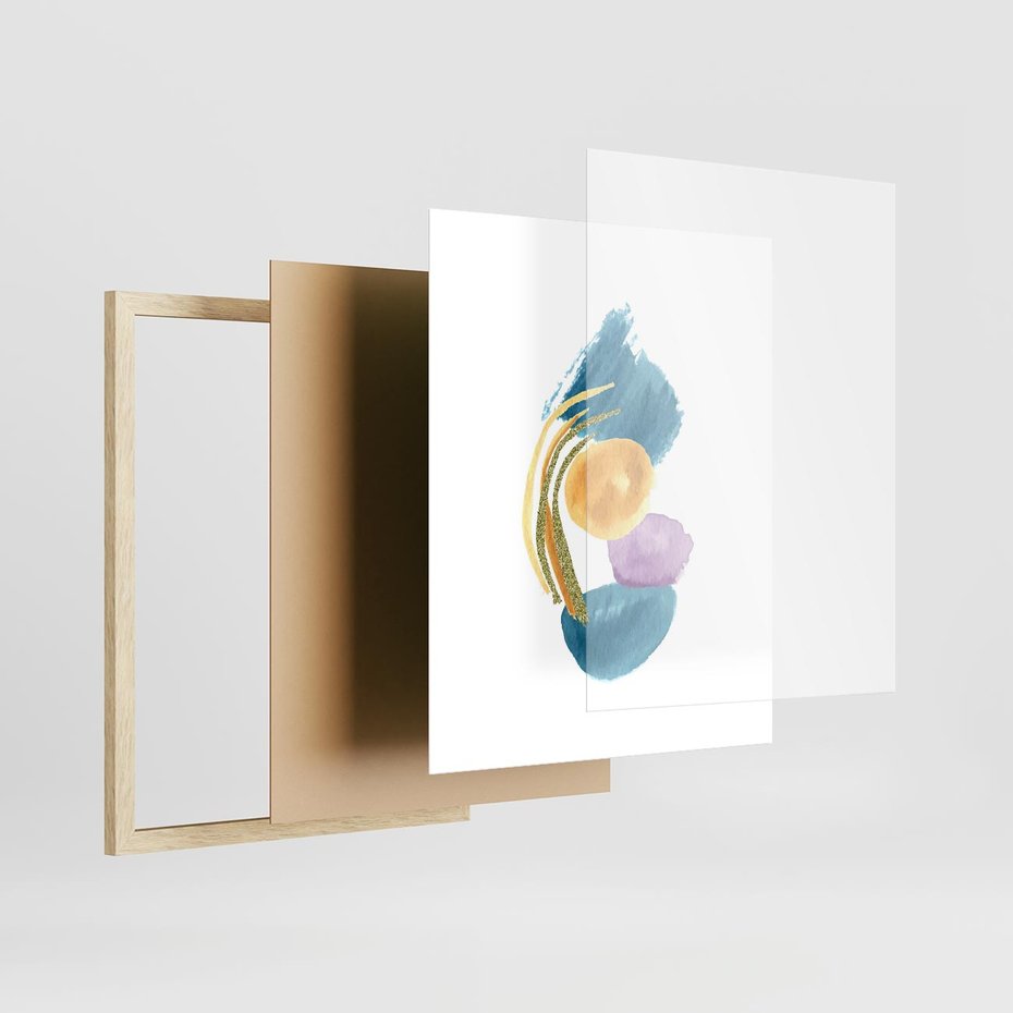 Plakat w ramie 40x50 - Migocące Barwy Akwarel - akwarelowe plamy w odcieniach błękitu, złote kreski - rama drewno