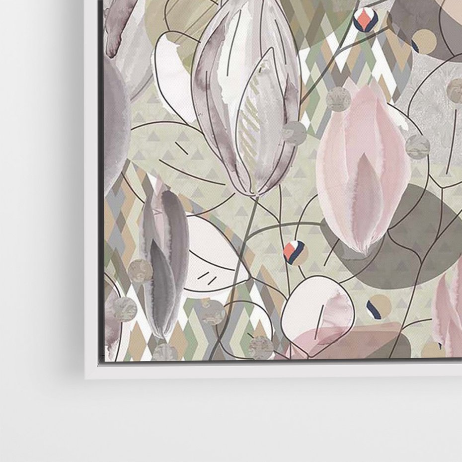 Obraz w ramie 80x120 - Pejzaże zatajonej duszy - połączenie tekstur, roślinne motywy - rama biała