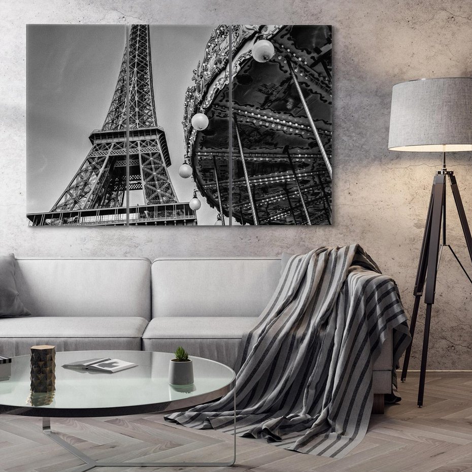 Obraz na płótnie 120x80 - Zabawa w Paryżu - czarno białe zdjecie, wieża eiffla