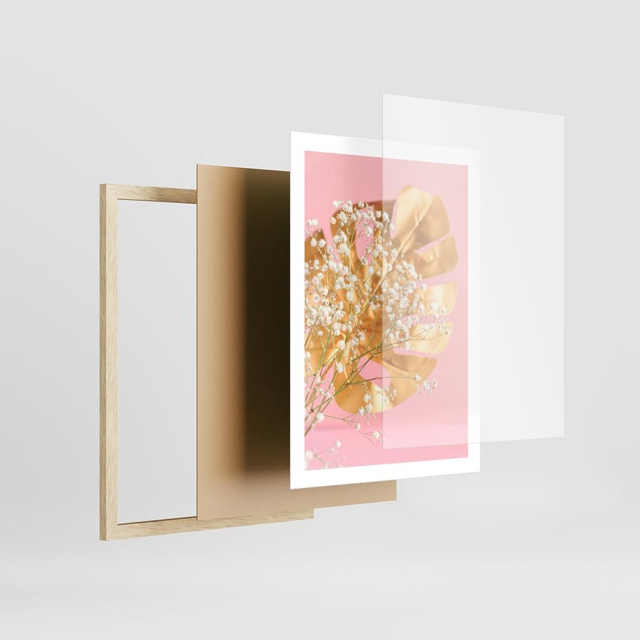 Plakat w ramie 50x70 - : Elegancja w Złocie - złote, liście - rama drewno