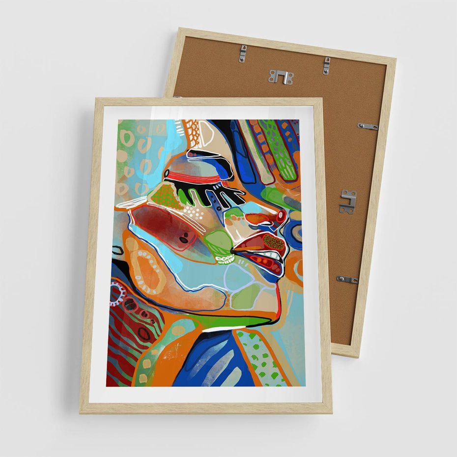 Plakat w ramie 50x70 - Kolorowe Wnętrza Kształtów - abstrakcyjny portret kobiety, twarz - rama drewno