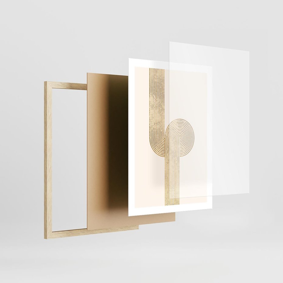 Plakat w ramie 50x70 - Podróżne Kształty - geometryczne linie w złotym kolorze, minimalizm - rama drewno