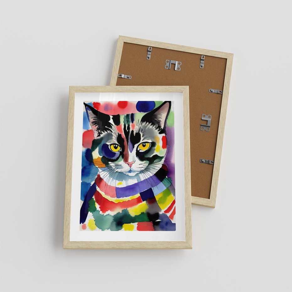 Plakat w ramie 30x40 - Koci Przyjaciel - abstrakcyjny obraz, akwarela - rama drewno