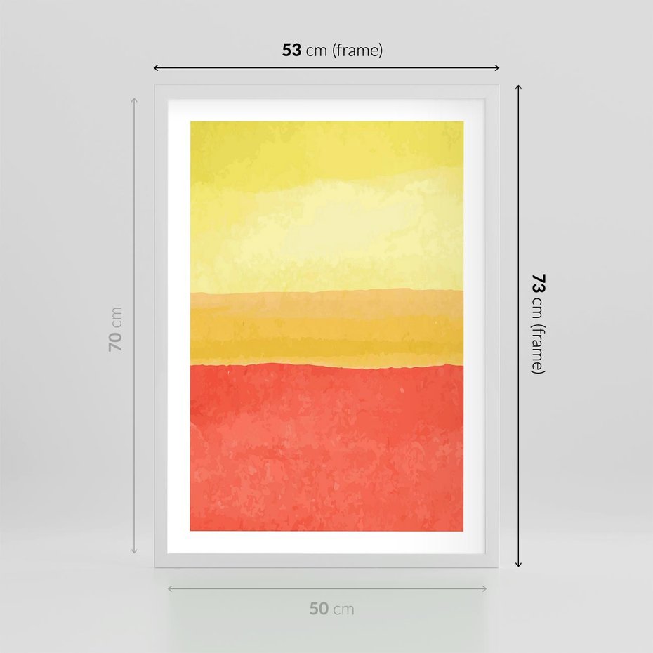 Plakat w ramie 50x70 - Rozmyte Odbicia - kolorowe akwarelowe pasy, odcienie żółci i czerwieni - rama biała