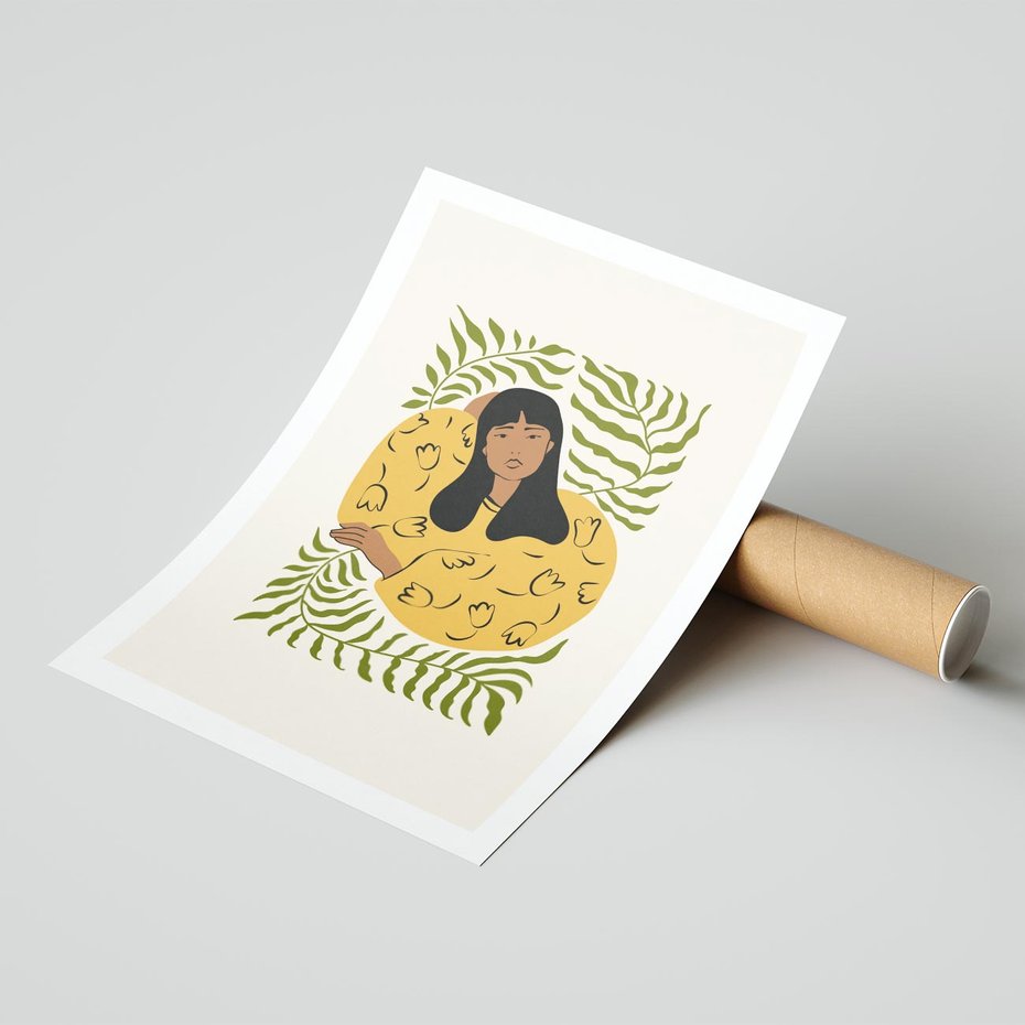 Plakat bez ramy 40x50 - Malowane Odbicia Wyobraźni - nowoczesny plakat, kobieta otoczona liśćmi