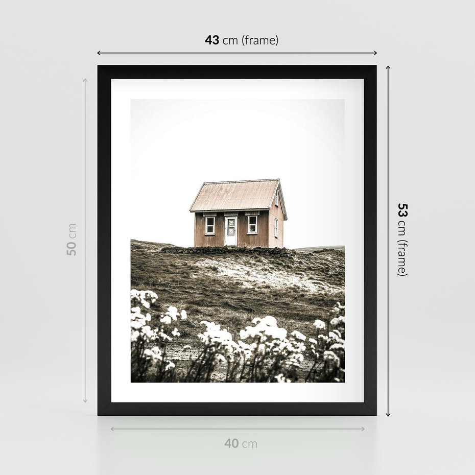 Plakat w ramie 40x50 - Krajobraz z Przeszłości: Kwitnąca Łąka w Sepii - domek na wzgórzu, kwitnąca łąka - rama czarna