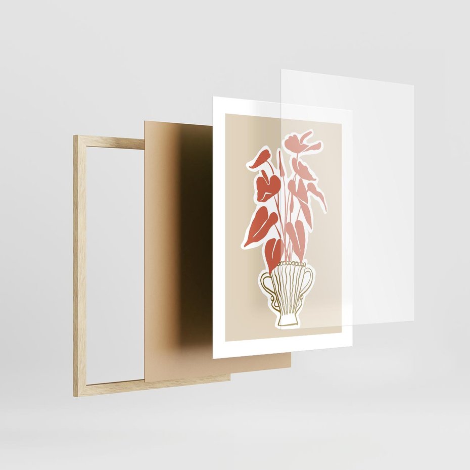 Plakat w ramie 30x40 - Harmonijne Echa - abstrakcyjne kwiaty liście, elegancka kompozycja - rama drewno