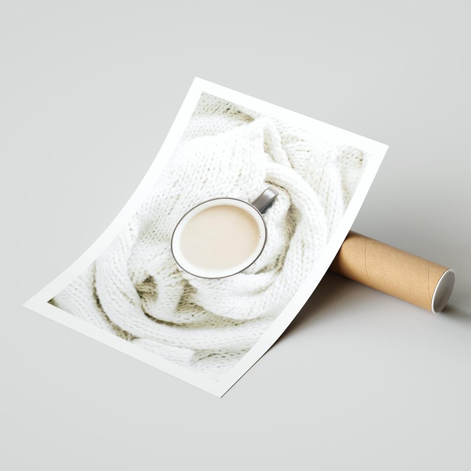 Plakat bez ramy 40x50 - Kawa na Wełnianym Kocu - kawa, biały wełniany koc